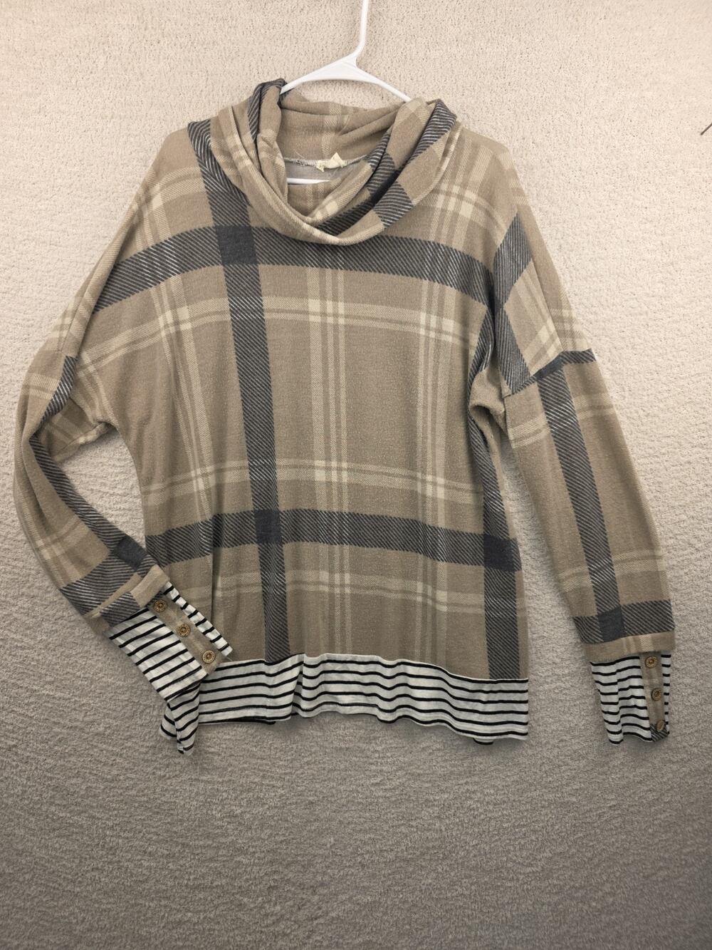 Lovely Melody Women's Tan Plaid Cowl Neck Long Sleeve Sweater Large